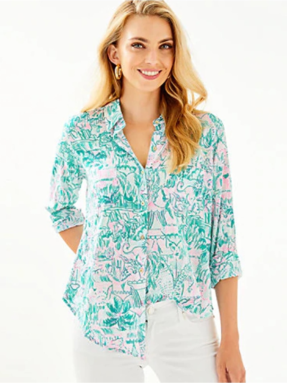 Lilly Pulitzer Sea View Button Down Women Small Agate Green Colorful Camelflage